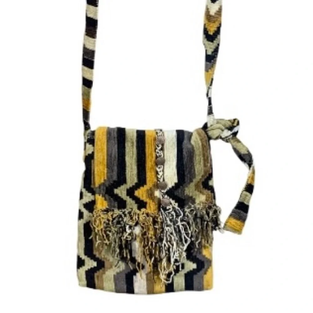 Striped Woven Knit‎ Boho Crossbody Bag Gold Black Tan Shades Fringe Aztec Hippie